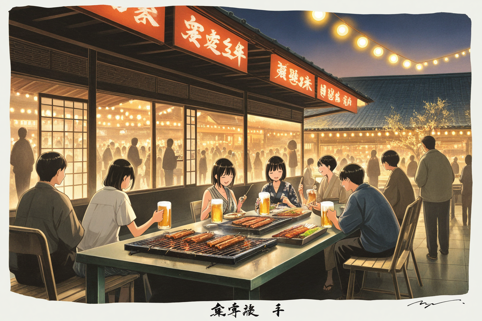 Beer garden trên rooftop Shibuya với yakitori và bia lạnh