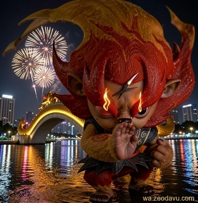 ドラゴン橋の上に立つ火の妖怪ブラジオン